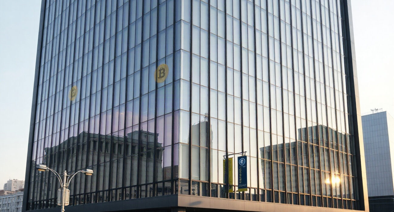 Seoul financial district building with subtle crypto symbols reflecting on glass