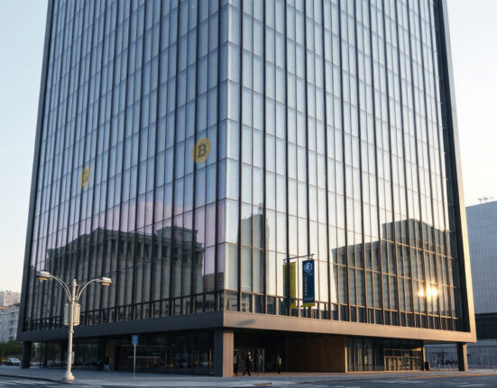 Seoul financial district building with subtle crypto symbols reflecting on glass