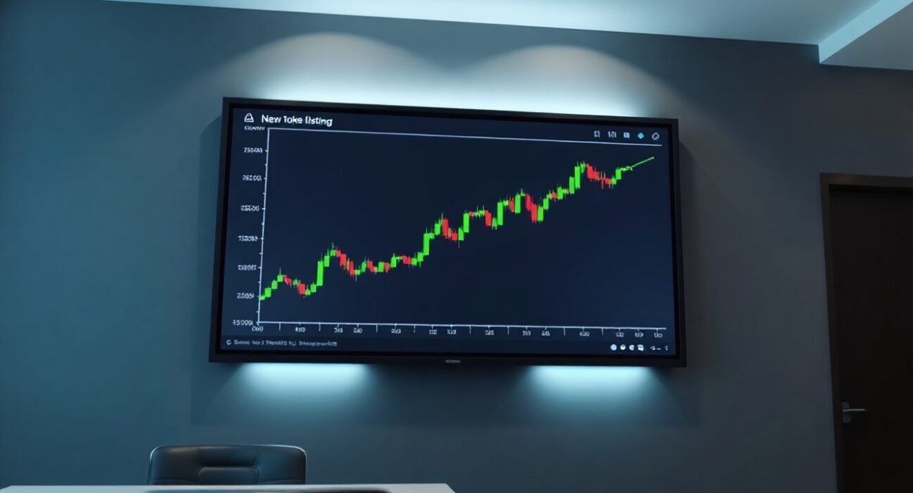 Upbit exchange platform displaying DOS token trading chart on a screen
