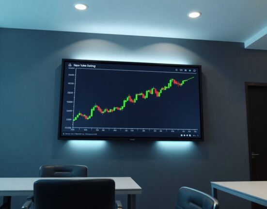 Upbit exchange platform displaying DOS token trading chart on a screen