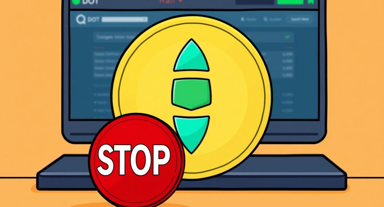 A cartoon illustration signifying a temporary halt for Polkadot (DOT) transactions, illustrating the Upbit DOT suspension.