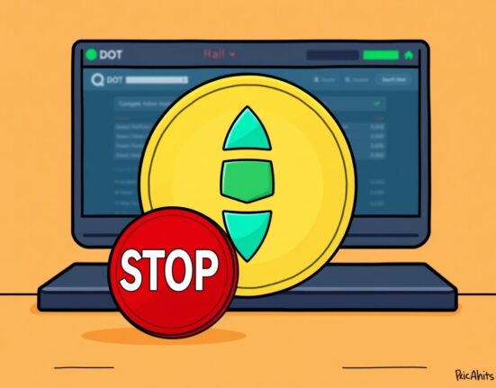 A cartoon illustration signifying a temporary halt for Polkadot (DOT) transactions, illustrating the Upbit DOT suspension.