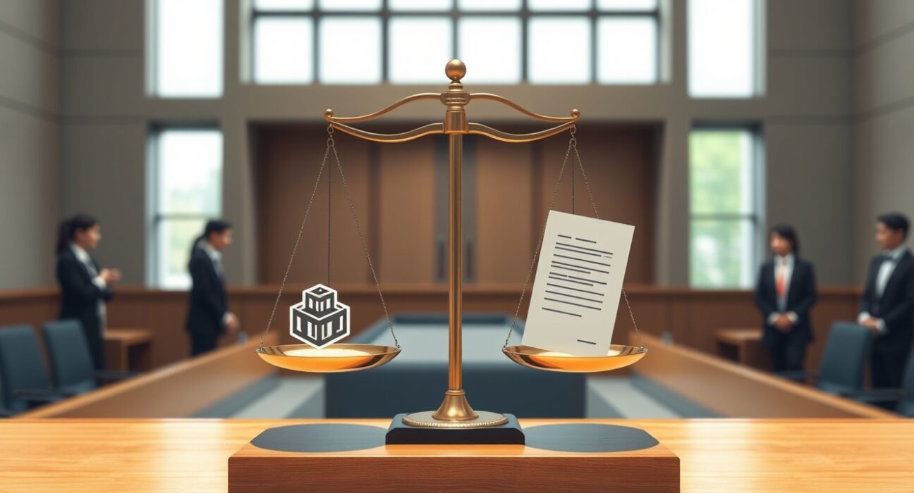 Symbolic courtroom scene representing Dunamu's legal victory over South Korea's Financial Intelligence Unit.