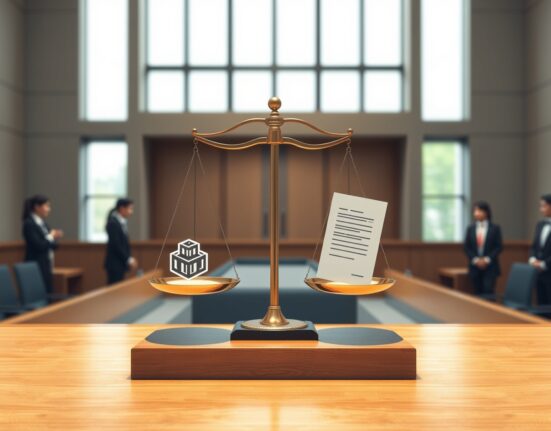 Symbolic courtroom scene representing Dunamu's legal victory over South Korea's Financial Intelligence Unit.