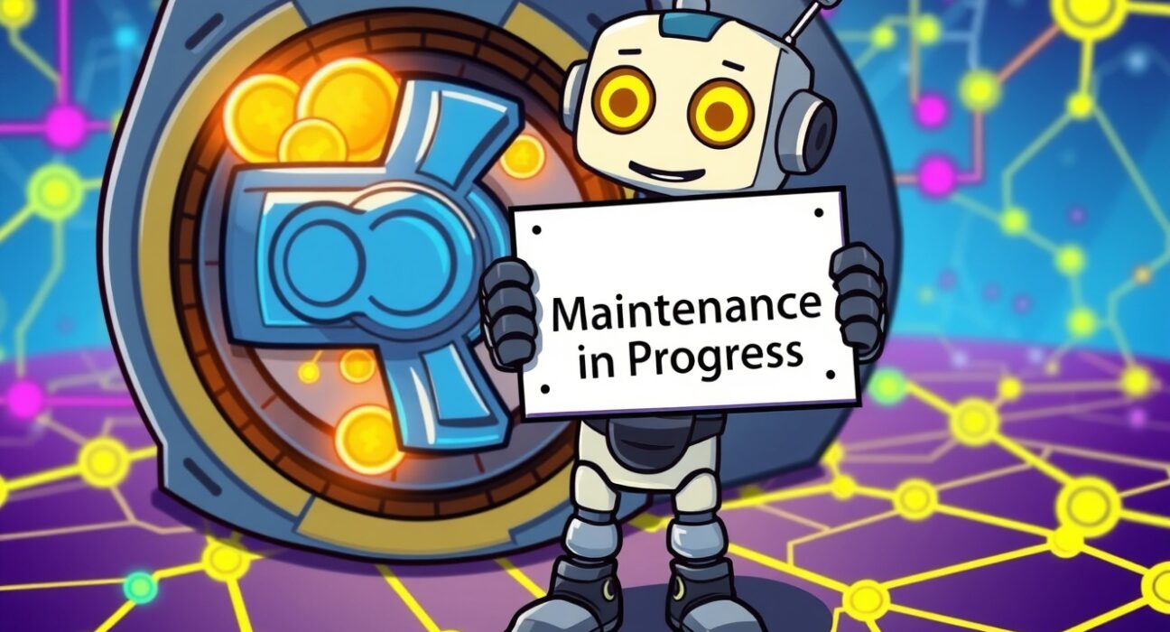 Cartoon illustration of Upbit ENJ suspension for network maintenance, showing a friendly robot pausing a digital vault system.