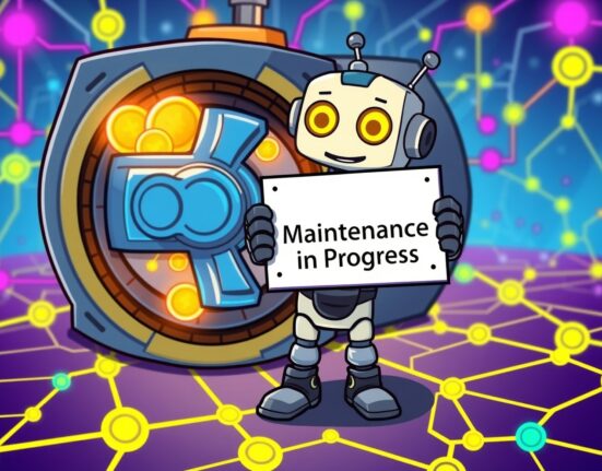 Cartoon illustration of Upbit ENJ suspension for network maintenance, showing a friendly robot pausing a digital vault system.