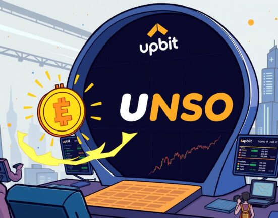 A vibrant cartoon illustration showing the excitement around the Upbit ENSO listing, with traders engaging on a digital platform.