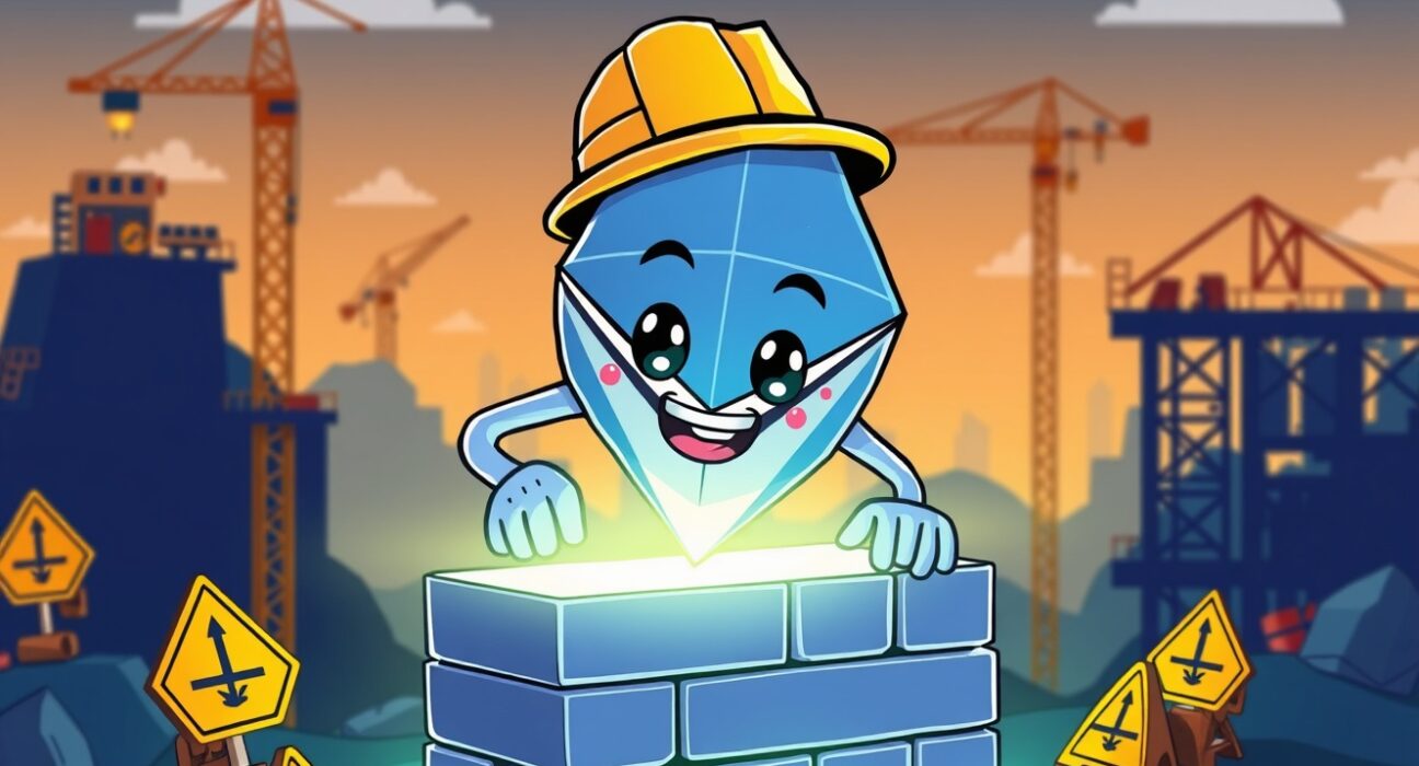 Cartoon illustration of the Upbit Ethereum hard fork upgrade process as a digital construction project.