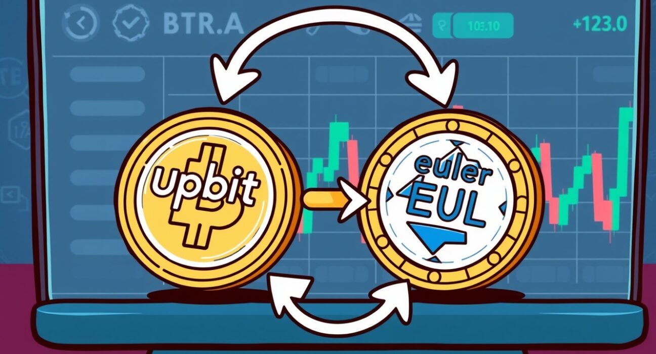 A vibrant cartoon illustration showing the impact of Upbit's announcement on the Euler (EUL) token circulation plan.
