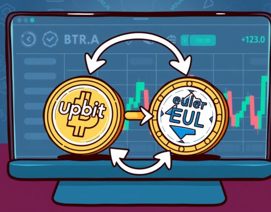 A vibrant cartoon illustration showing the impact of Upbit's announcement on the Euler (EUL) token circulation plan.