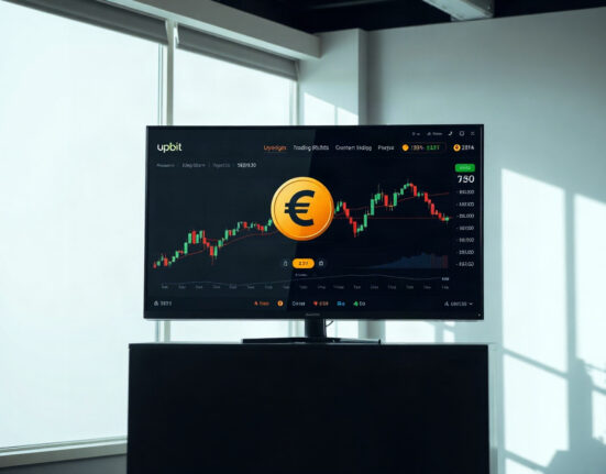 Upbit trading interface showing EURC markets on a monitor
