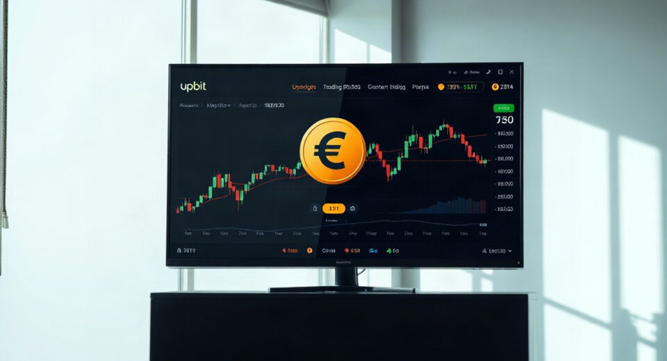 Upbit trading interface showing EURC markets on a monitor