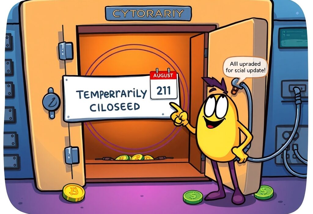 A cartoon illustration depicting the Upbit FCT2 suspension for a crucial network upgrade, ensuring crypto deposits and withdrawals are handled safely.