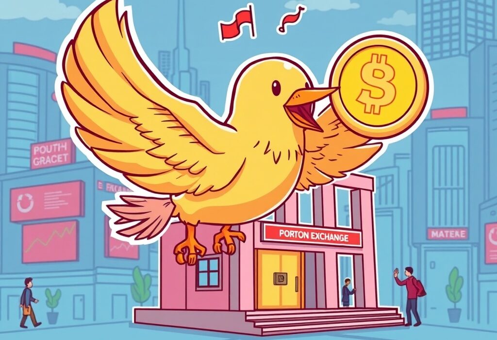 A cartoon illustration of the Flock (FLOCK) token symbol soaring above a crypto exchange, representing its new listing on Upbit and increased market visibility.