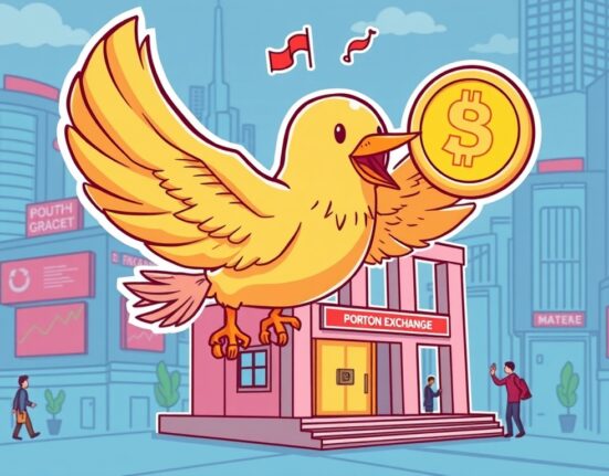 A cartoon illustration of the Flock (FLOCK) token symbol soaring above a crypto exchange, representing its new listing on Upbit and increased market visibility.