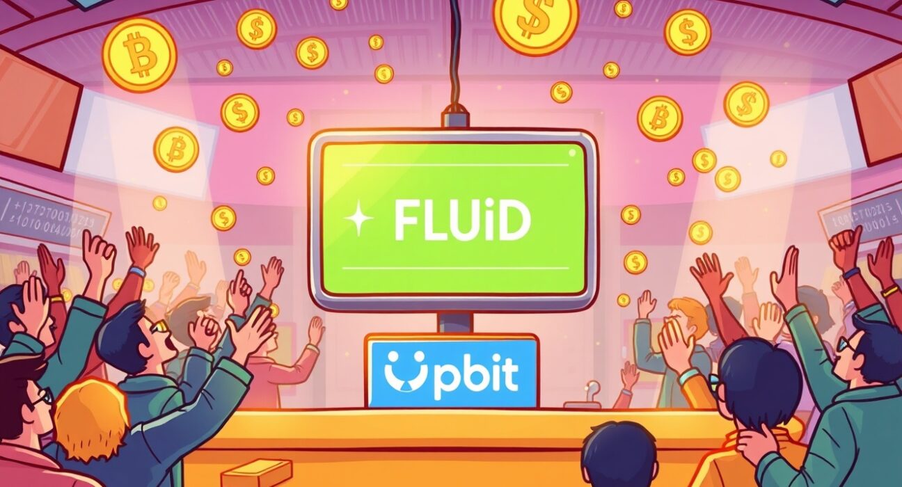 A cartoon illustration of an excited crowd celebrating the Upbit Fluid listing on a large digital screen at a crypto exchange.