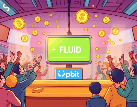 A cartoon illustration of an excited crowd celebrating the Upbit Fluid listing on a large digital screen at a crypto exchange.