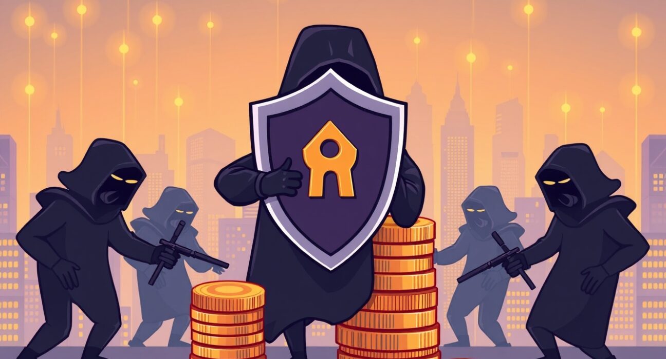 Cartoon illustration of Upbit freezing assets to protect against digital fraud in the cryptocurrency market.