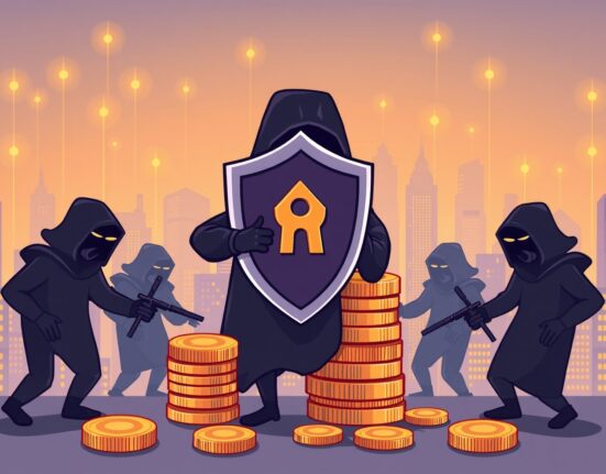 Cartoon illustration of Upbit freezing assets to protect against digital fraud in the cryptocurrency market.