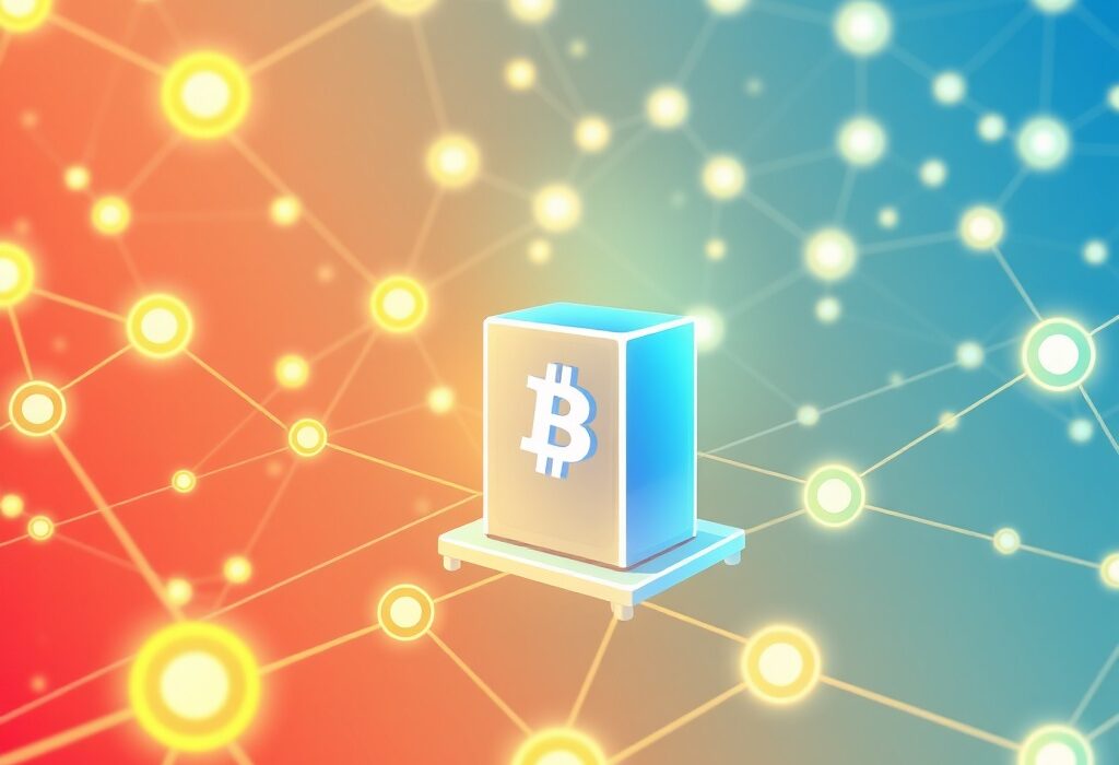 A vibrant cartoon illustration representing the launch of the Upbit GIWA chain, symbolizing new blockchain innovation and a futuristic digital exchange.