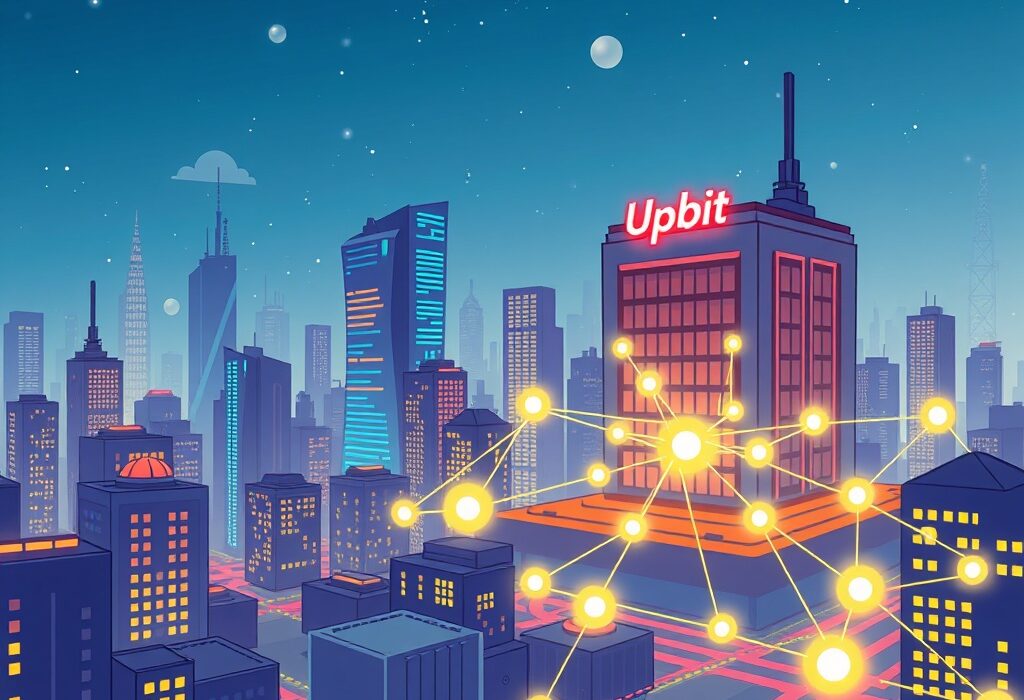 A cartoon illustration depicting the innovative launch of Upbit Giwa, a new Layer 2 blockchain network.