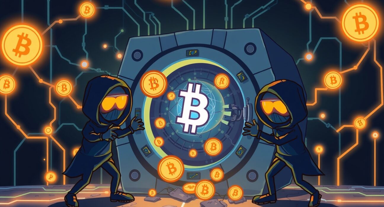 Cartoon illustration of the Upbit hack showing digital thieves attempting to breach cryptocurrency security