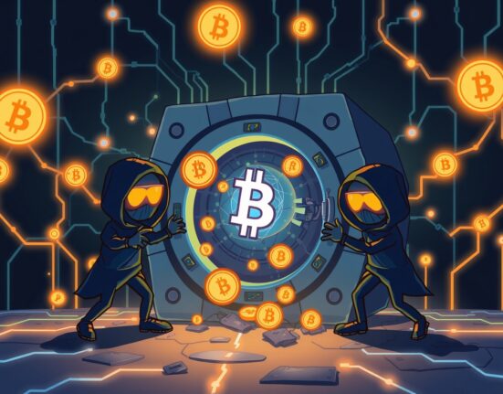 Cartoon illustration of the Upbit hack showing digital thieves attempting to breach cryptocurrency security