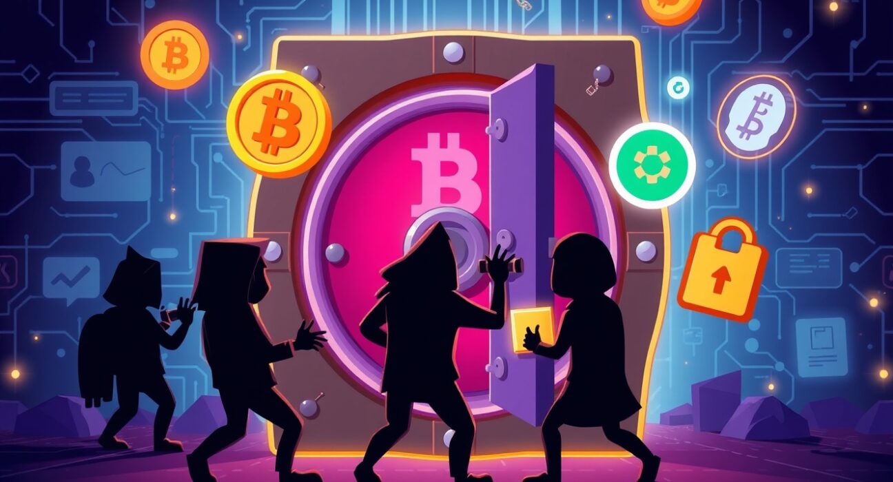 Cartoon illustration of Upbit hack security breach showing digital vault protection