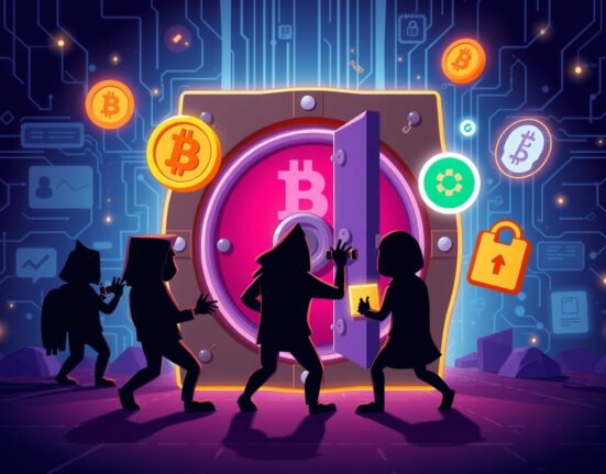 Cartoon illustration of Upbit hack security breach showing digital vault protection