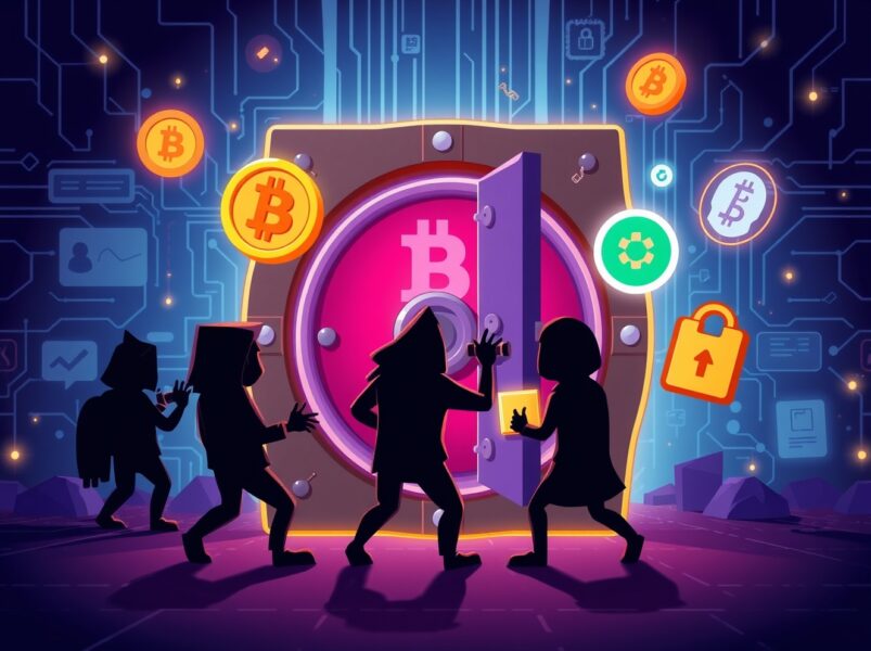 Cartoon illustration of Upbit hack security breach showing digital vault protection