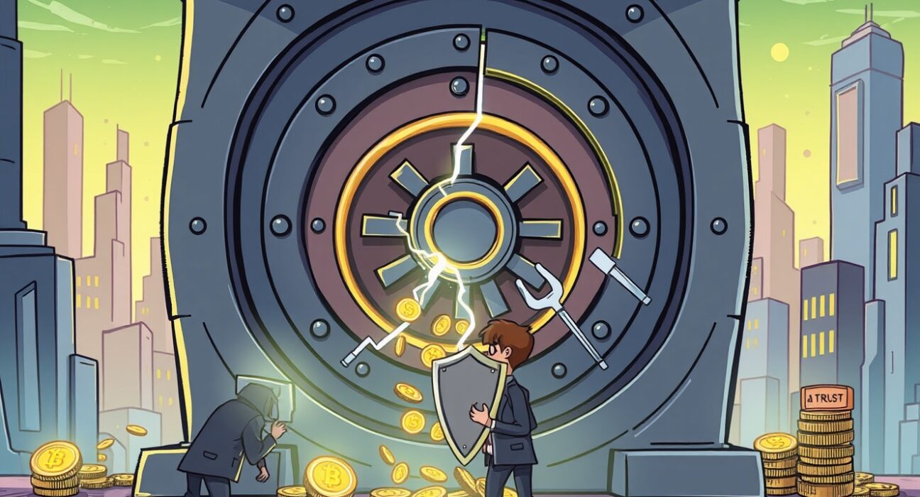 Cartoon illustration of a regulator securing a cracked crypto vault after the Upbit hack, emphasizing trust and security.