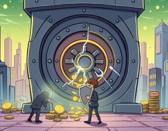 Cartoon illustration of a regulator securing a cracked crypto vault after the Upbit hack, emphasizing trust and security.