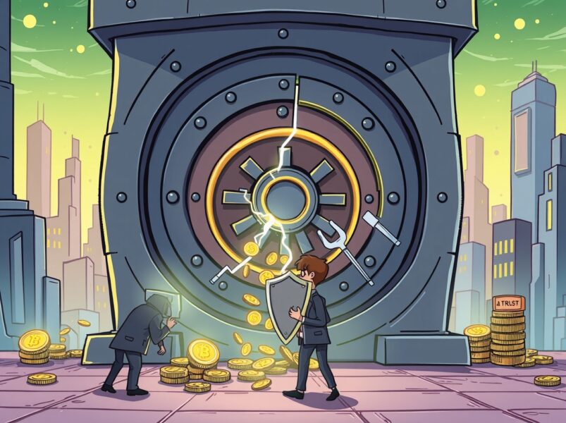 Cartoon illustration of a regulator securing a cracked crypto vault after the Upbit hack, emphasizing trust and security.