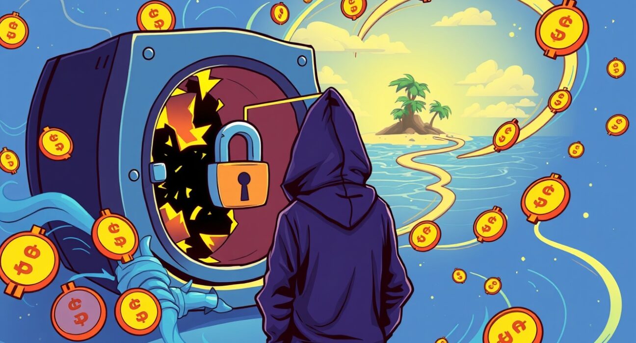 Cartoon illustration of Upbit hackers laundering digital currency to a tropical island vault.