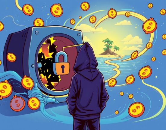 Cartoon illustration of Upbit hackers laundering digital currency to a tropical island vault.
