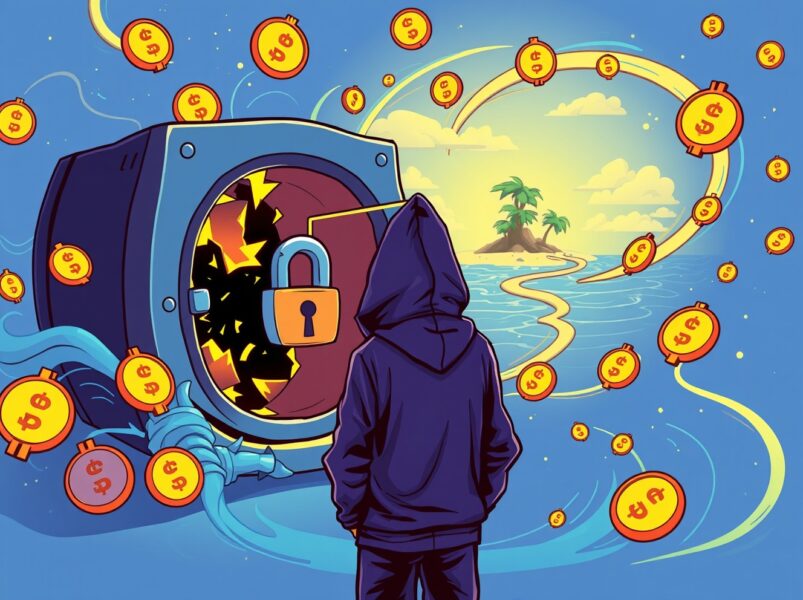 Cartoon illustration of Upbit hackers laundering digital currency to a tropical island vault.