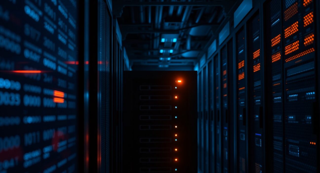 Server rack with warning light in a data center representing a node synchronization issue