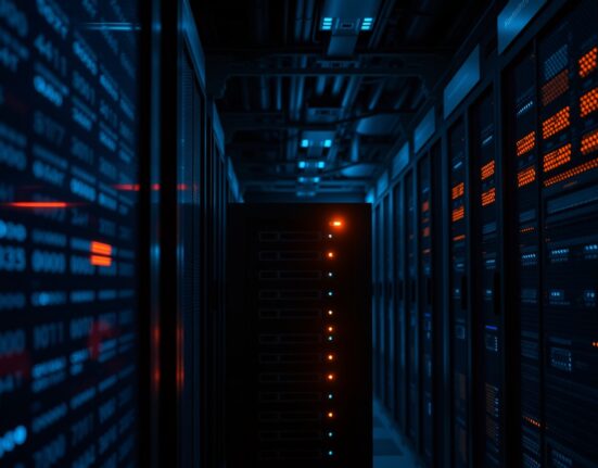 Server rack with warning light in a data center representing a node synchronization issue