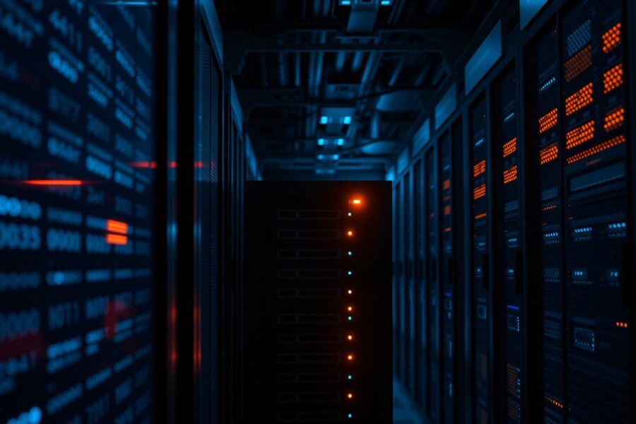 Server rack with warning light in a data center representing a node synchronization issue