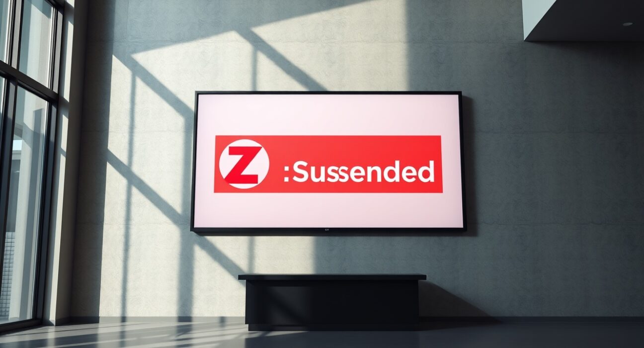 Digital screen displaying Zcash logo and Suspended notice in a modern lobby