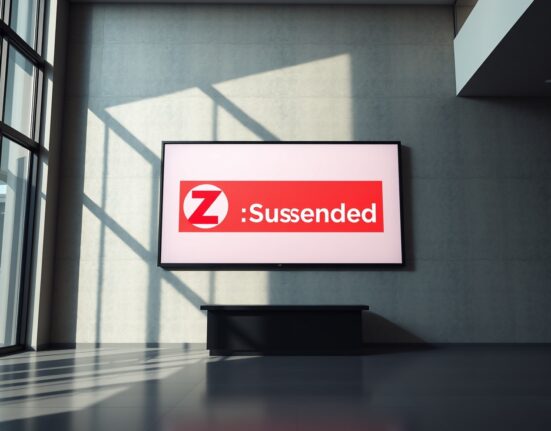 Digital screen displaying Zcash logo and Suspended notice in a modern lobby