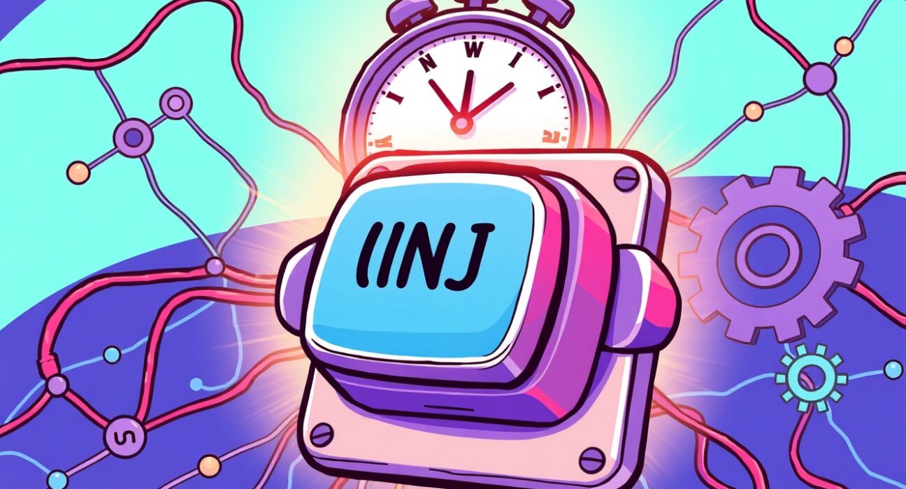 A cartoon illustration showing a temporary halt for INJ deposits and withdrawals on a crypto exchange, symbolizing a network upgrade.