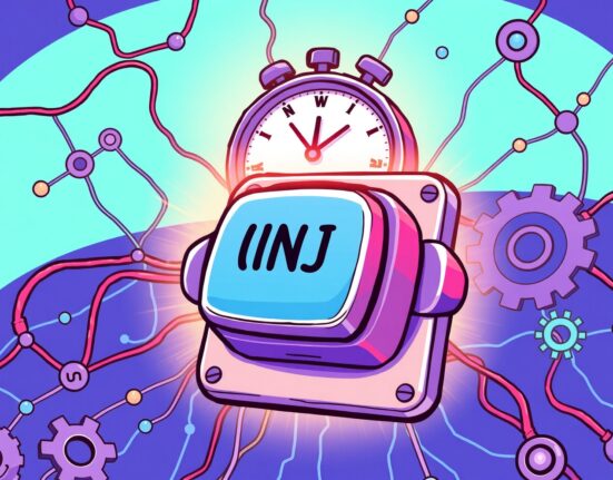A cartoon illustration showing a temporary halt for INJ deposits and withdrawals on a crypto exchange, symbolizing a network upgrade.