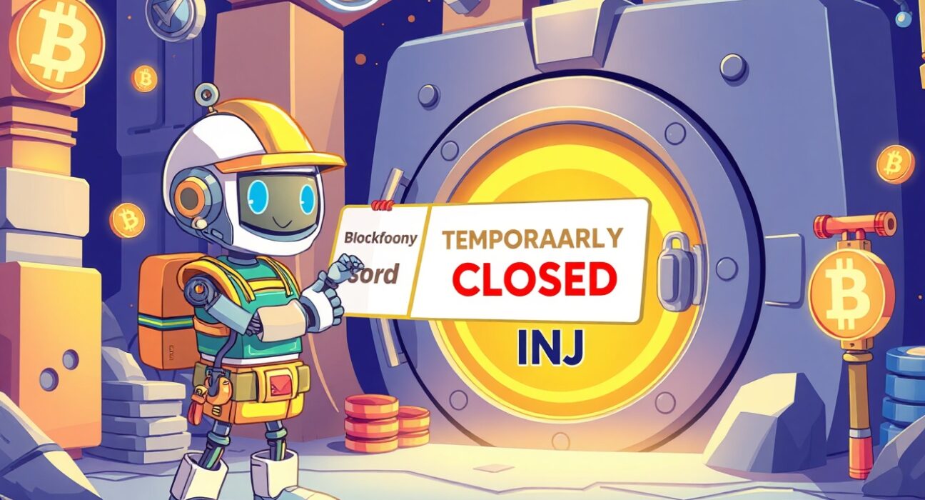 Cartoon illustration of Upbit exchange pausing INJ transactions for a crucial network upgrade.