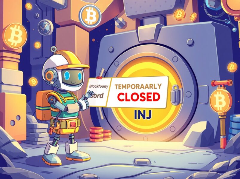 Cartoon illustration symbolizing the temporary Upbit INJ suspension for network maintenance.