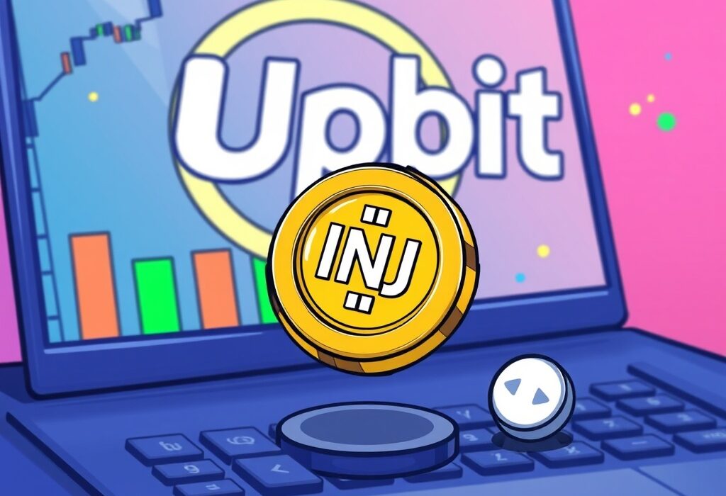 A cartoon illustration showing an Injective token paused on an Upbit exchange interface, signifying the Upbit INJ suspension for a network upgrade.