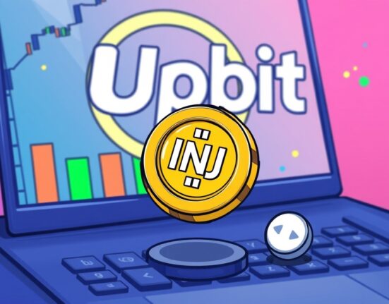 A cartoon illustration showing an Injective token paused on an Upbit exchange interface, signifying the Upbit INJ suspension for a network upgrade.