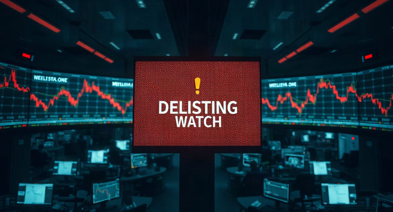 Upbit exchange trading floor with a screen showing a delisting warning for Injective (INJ)