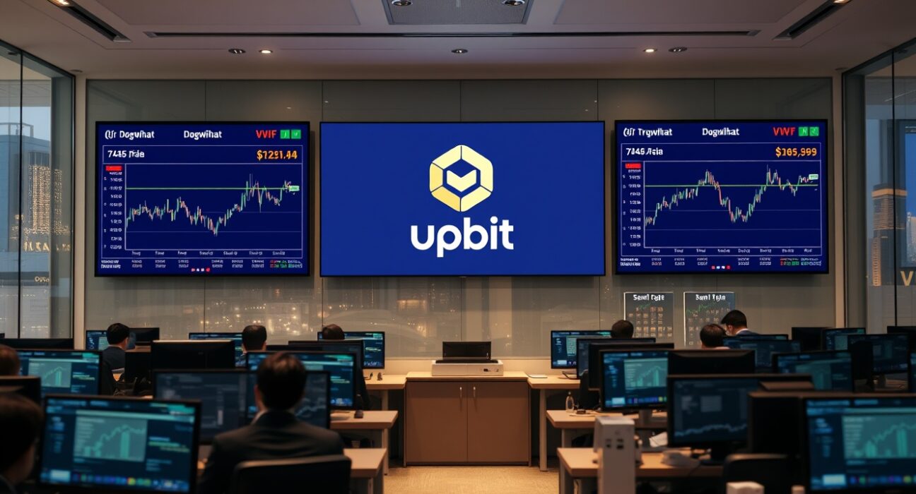 South Korean crypto exchange Upbit trading floor with monitors showing WIF and VVV charts amid insider trading probe.