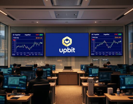 South Korean crypto exchange Upbit trading floor with monitors showing WIF and VVV charts amid insider trading probe.